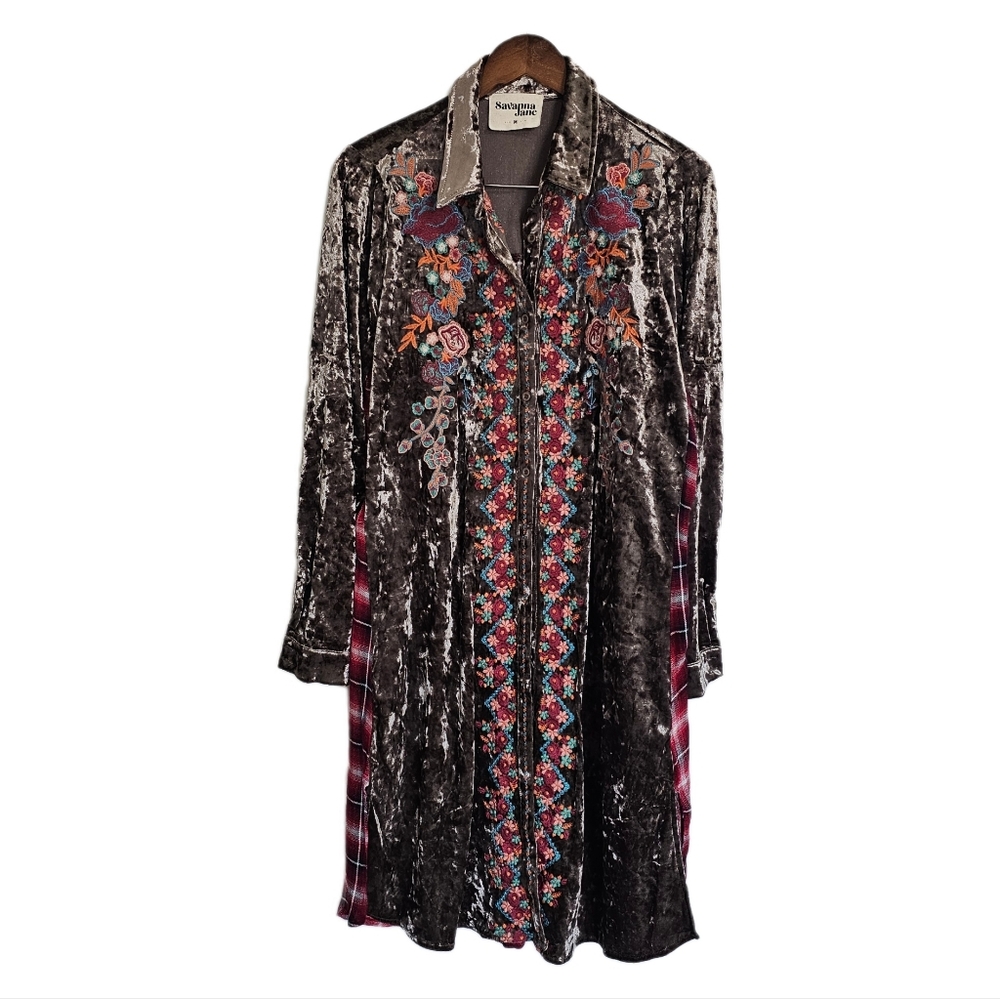 Bohemian velvet plaid brown embroidered tunic button long sleeve top size medium